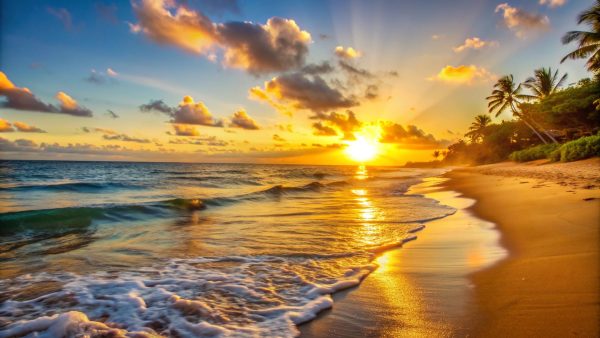Golden sunset over a tropical beach with palm trees.